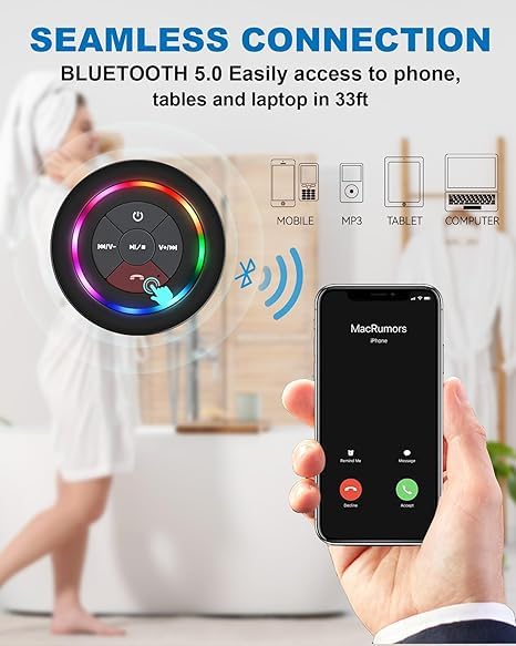 BOOM Mini Bluetooth Waterproof Shower Speaker™, Portable Wireless Speaker with Suction Cup Small Speaker with Colorful Lights, Teen Gift Ideas, for Shower, Bathroom, Pool, Beach