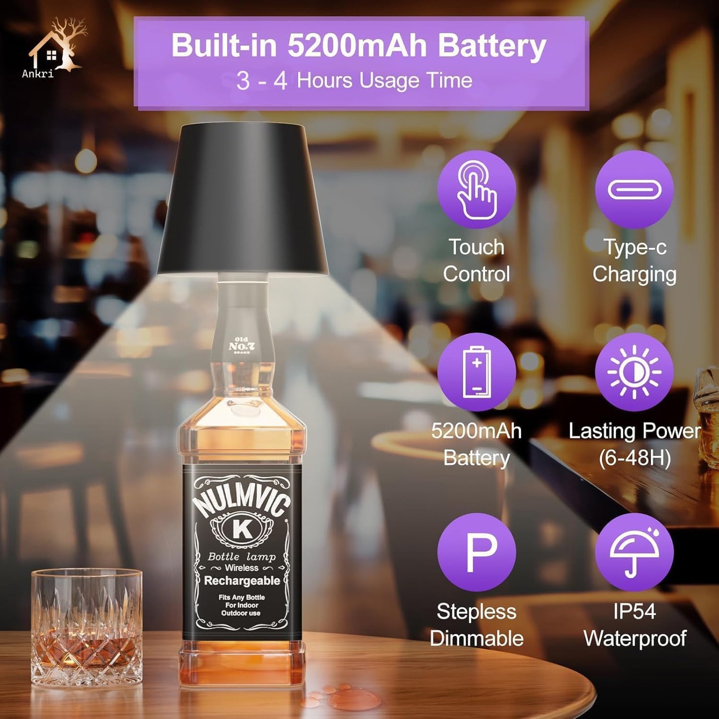 Antique Wireless Bottle LED Lamp™ Wireless Wine Bottle Lamp Shade, Rechargeable Touch Control Wine Bottle Lights for Liquor Bottles, 3 Color Dimming LED Desk Lamp for Bedroom Restaurant & Bar