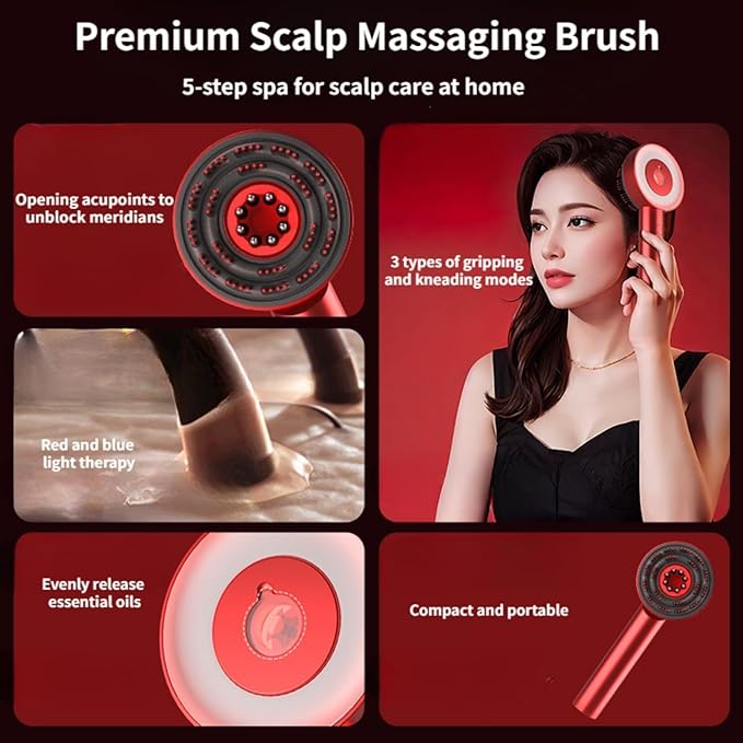 Premium Head Scalp Electric Massager Comb™ | Scalp Massaging Brush with 2 In 1 Hair Oil Applicator | IPX7 Waterproof,Portable Deep Massager For Hair & Head Relaxation at Home | Shiatsu Massage for Hair Growth/Stress Relax(Red)