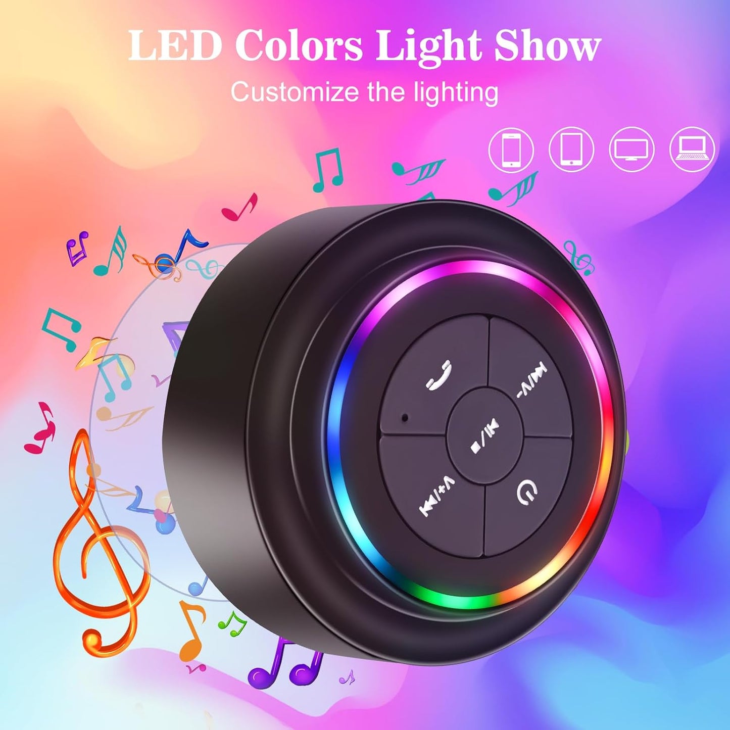 BOOM Mini Bluetooth Waterproof Shower Speaker™, Portable Wireless Speaker with Suction Cup Small Speaker with Colorful Lights, Teen Gift Ideas, for Shower, Bathroom, Pool, Beach